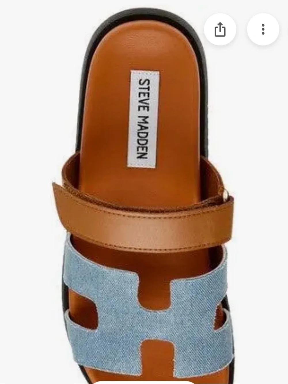 Steve Madden “Mayven” Light Blue Denim and Tan Leather Slide Sandals